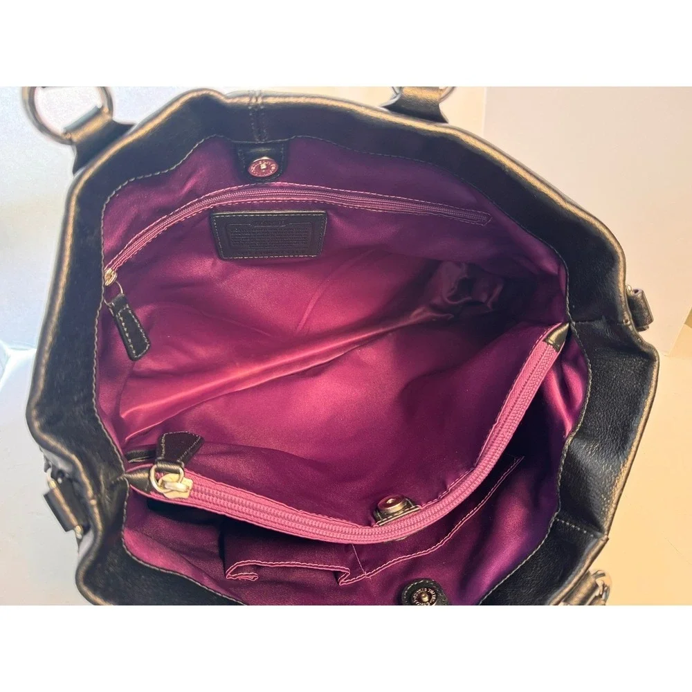 Coach Ashley soft black pebble‎ leather with 3 compartments purple fabric